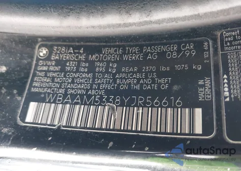 2000 BMW 328I z USA, uszkodzony, nr VIN WBAAM5338YJR56616